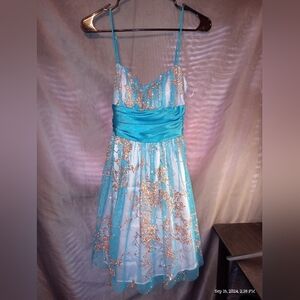 B darlin blue and gold sheer sequin mini dress